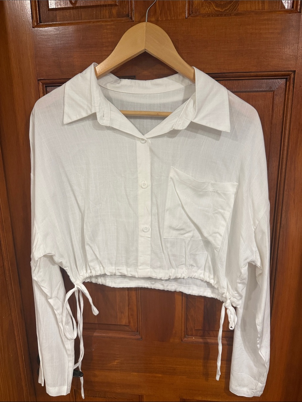 White Cropped Drawstring Button-Up Shirt - Picture 2 of 5